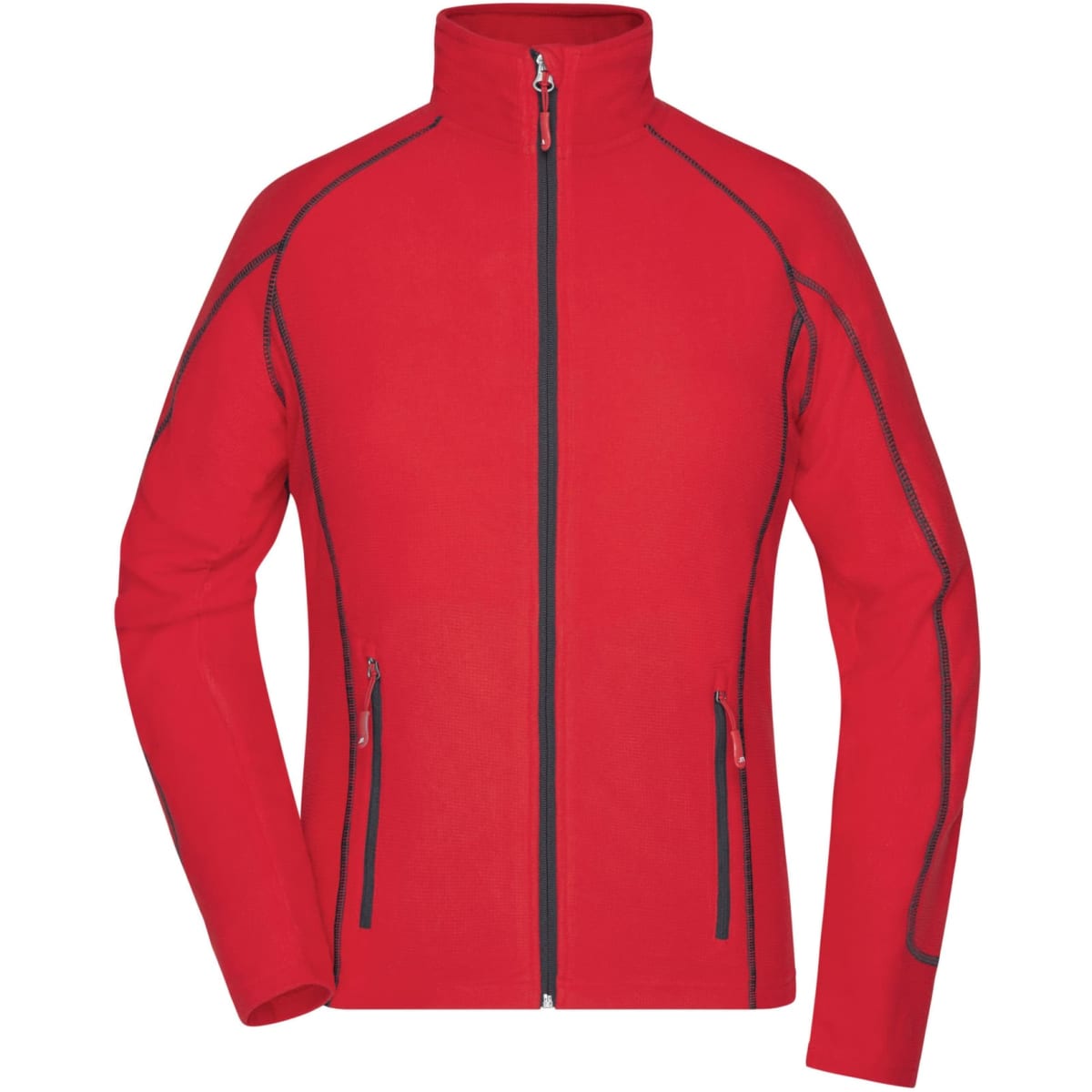 A red fleece jacket with a zip front, high collar, and zippered pockets, featuring contrast stitching and a logo.