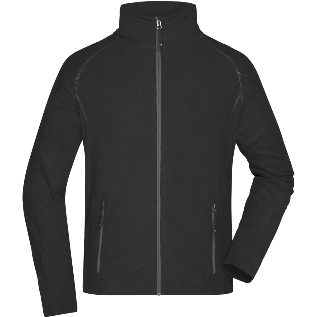 A men's polar fleece jacket in black with a full front zip and two zippered pockets. It features a stand-up collar and has a logo.