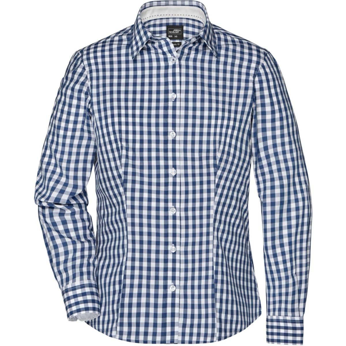 A button-up ladies' blouse featuring a navy and white checked pattern. The shirt has a collar and long sleeves.