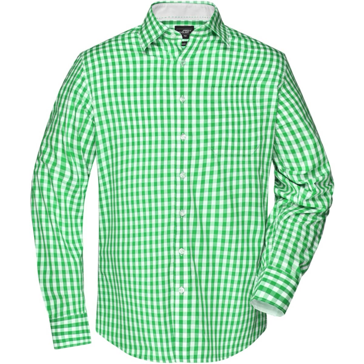 A green and white checked button-up shirt with long sleeves and a collar, featuring a branding logo.