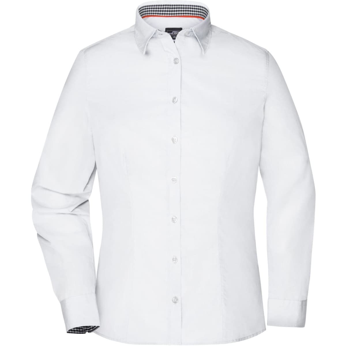 A white button-up shirt with a checked pattern inside the collar and cuffs. It features long sleeves and a logo.