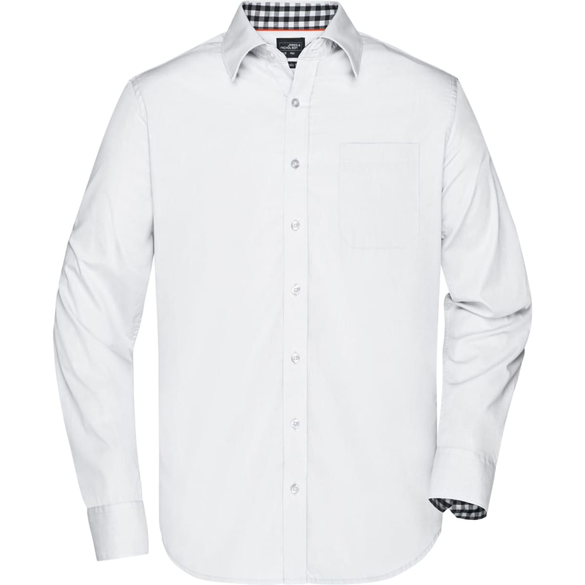 A white button-up shirt with a single chest pocket and a checkered pattern inside the collar. Features a logo.
