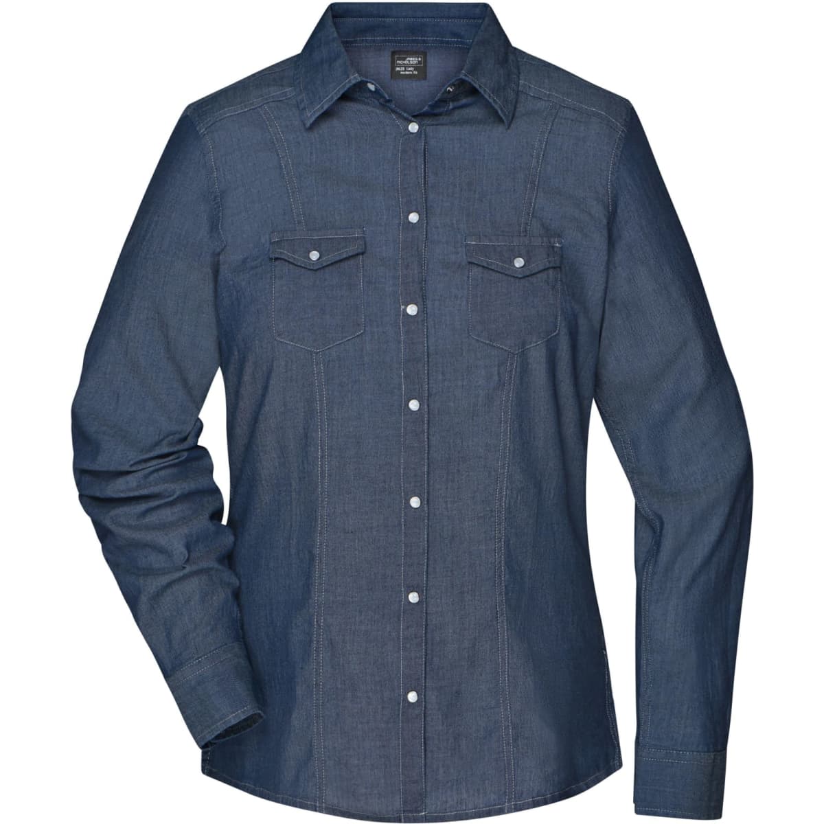 A ladies denim blouse in a dark blue shade, featuring a button-up front and two chest pockets.