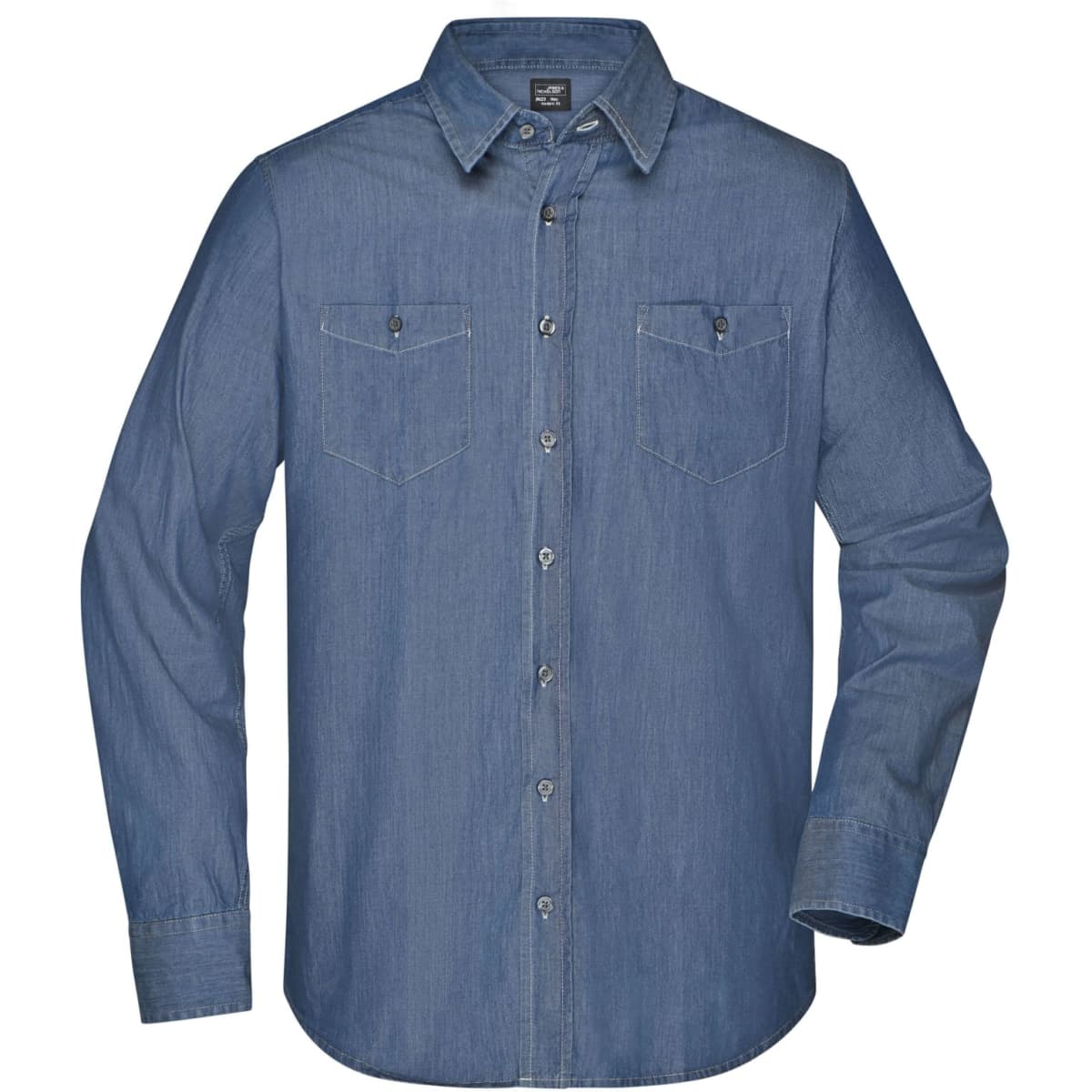 A men's button-up shirt in a blue denim fabric featuring two chest pockets and a branded tag.
