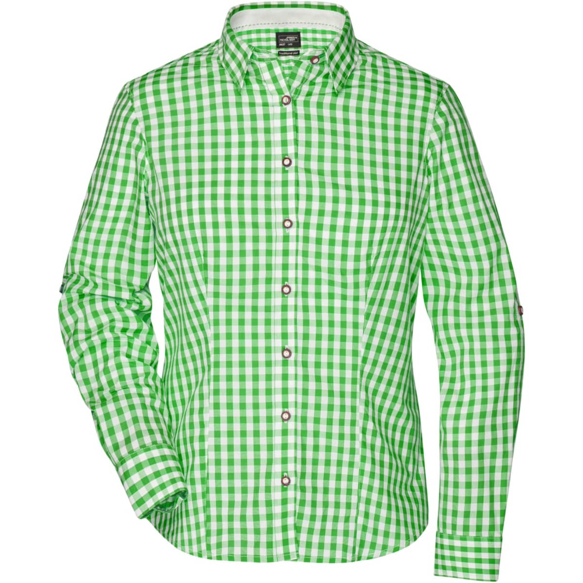 A green and white checked button-up shirt with a collar and long sleeves, featuring a logo.