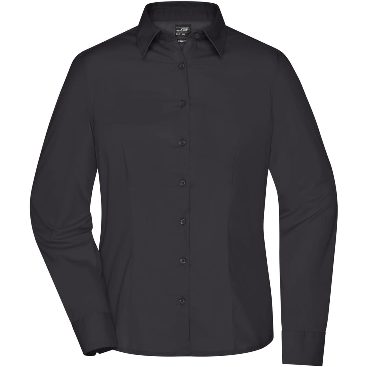 A ladies' long-sleeve button-up business shirt in black, featuring a collar and a logo.