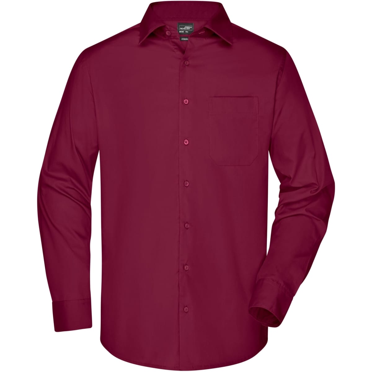 A long-sleeve, button-up men's business shirt in a deep burgundy colour with a chest pocket and a logo.