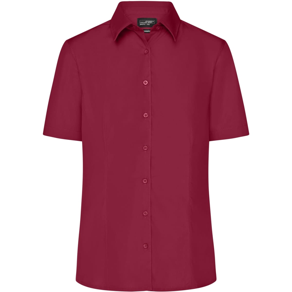 A short-sleeved, button-up shirt in a rich burgundy colour with a collared neckline and a logo.