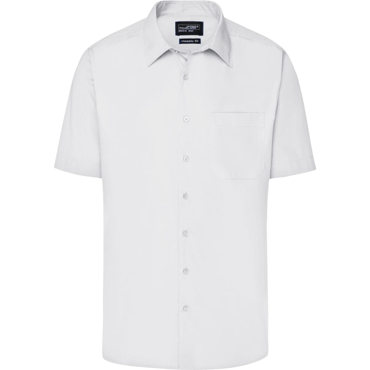 A short-sleeved, white button-up business shirt with a chest pocket and branding on the label.