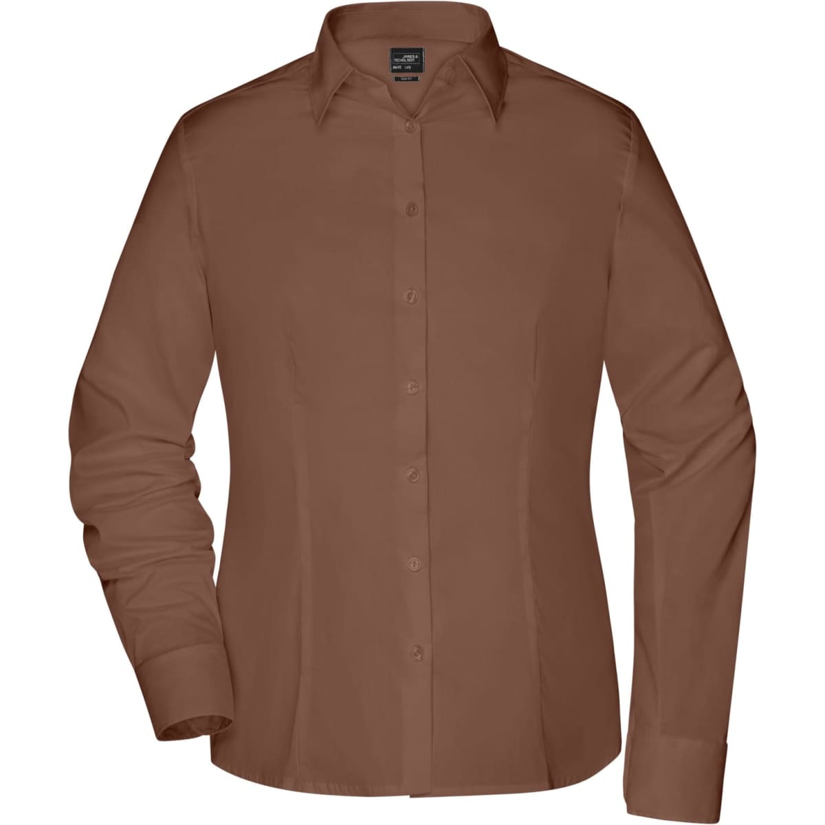 A brown button-up ladies shirt with long sleeves and a classic collar. Features a logo on the label.