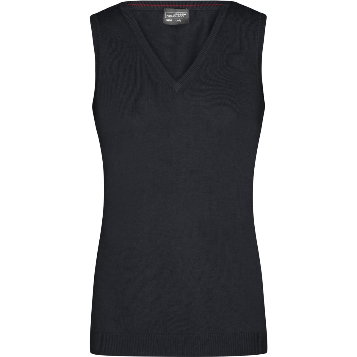 A black ladies v-neck vest from the knitted jumpers category, featuring a fitted design and no sleeves.