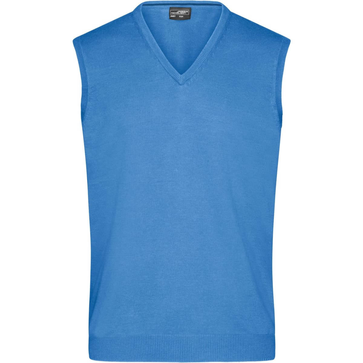 A blue men's V-neck vest featuring a sleeveless design and ribbed hem. It has a logo on the label.