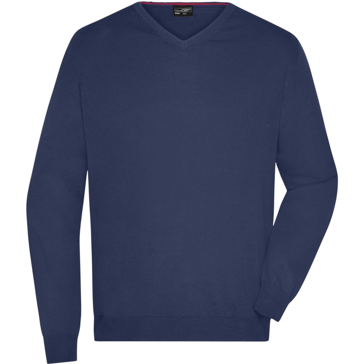 A navy blue men's V-neck pullover jumper with long sleeves, featuring a logo.