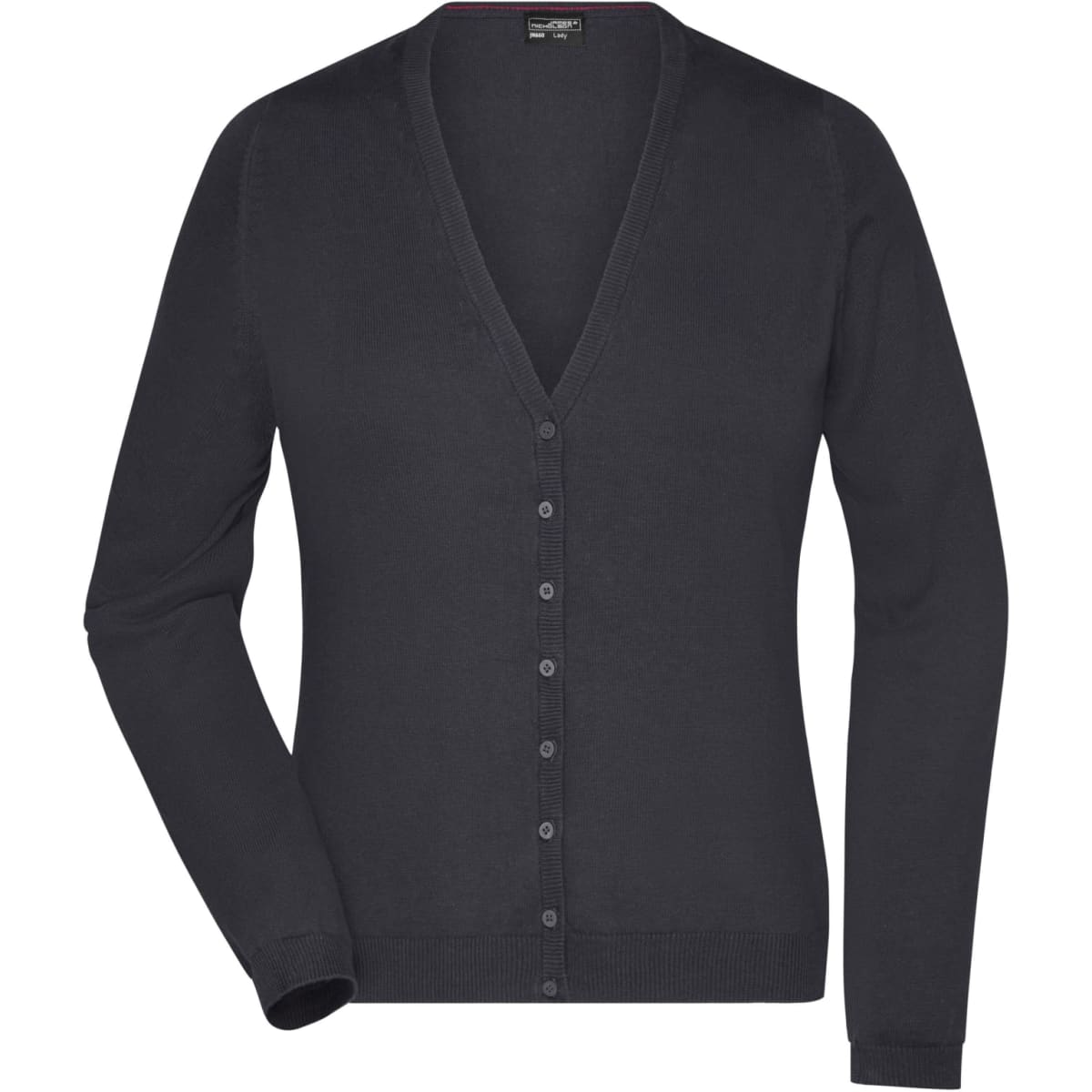 A ladies' V-neck cardigan in dark grey, featuring a button-down front and long sleeves. It has a logo on the label.