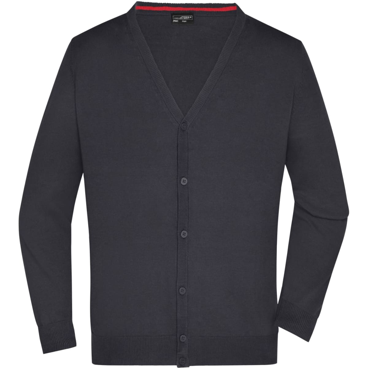 A navy men's V-neck cardigan with a button-down front and ribbed cuffs, featuring a logo.