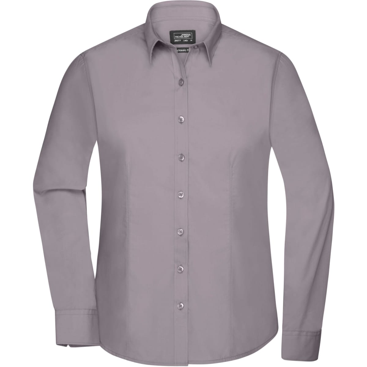 A button-up ladies shirt in a soft grey colour, featuring a collared neckline and long sleeves. It has a logo.