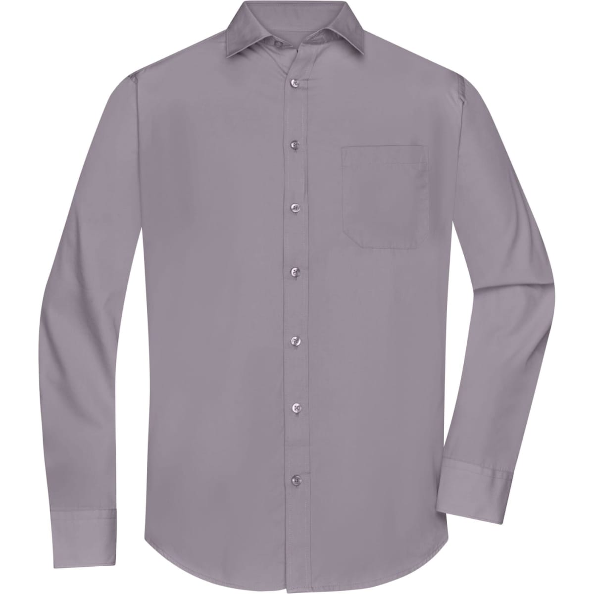 A long-sleeved men's poplin shirt in a soft grey hue, featuring a button-up front and a chest pocket.