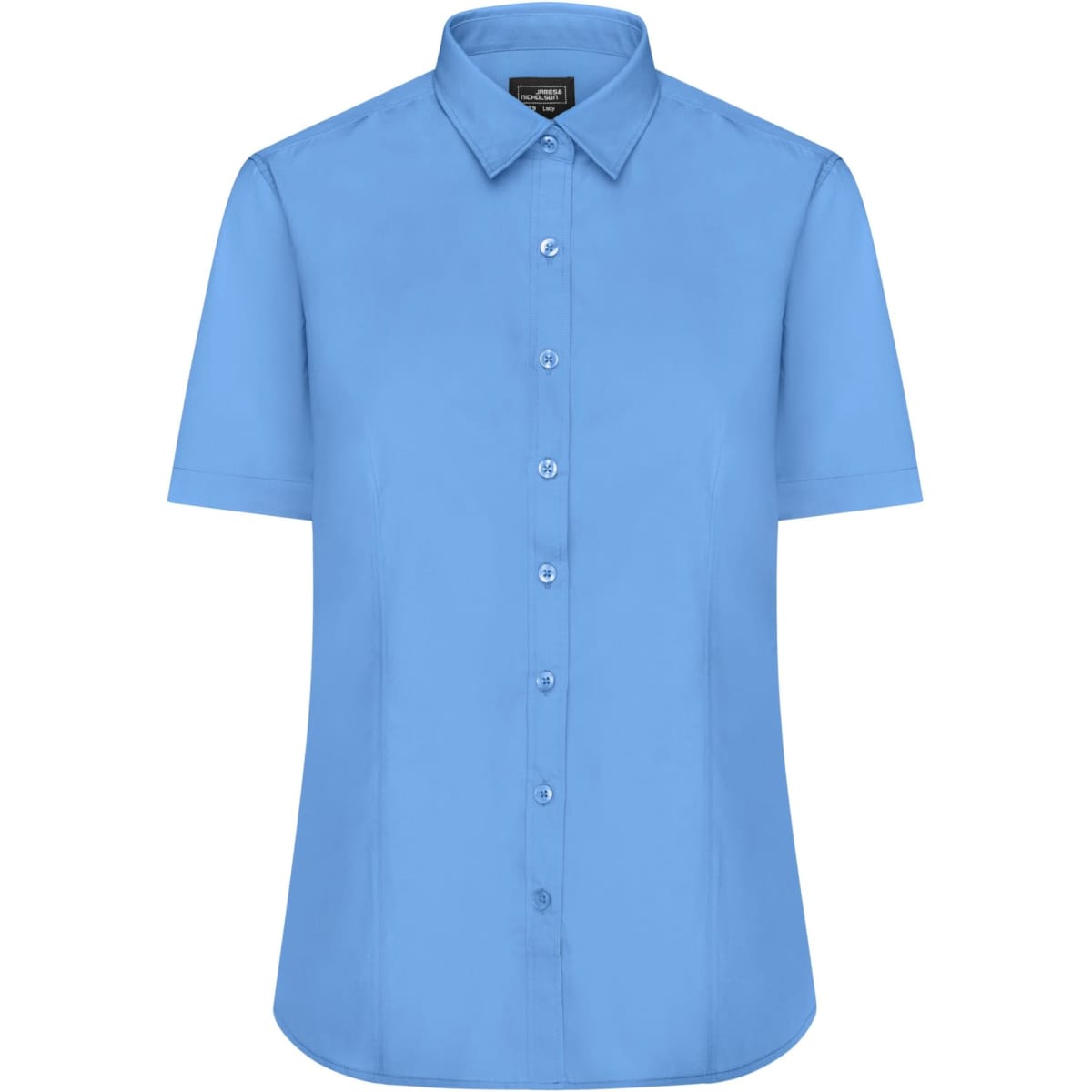 A short-sleeved button-up shirt in a light blue colour, featuring a collar and multiple buttons. It has a logo.