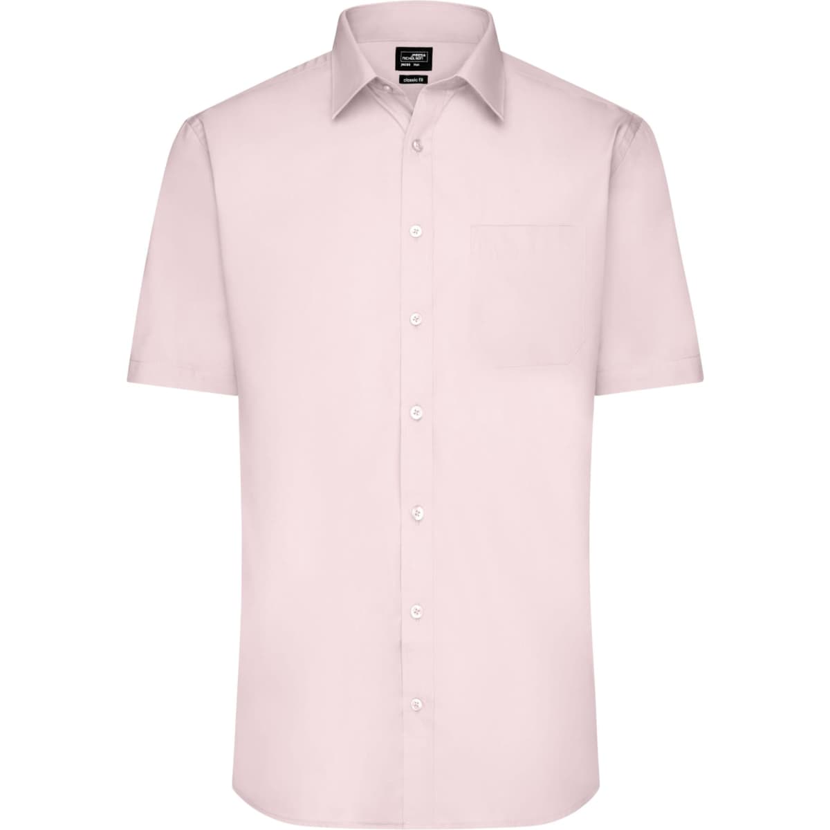 A light pink button-up shirt with short sleeves and a single chest pocket, featuring a logo.