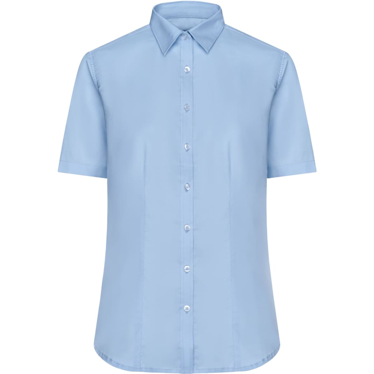 A light blue button-up shirt with short sleeves, featuring a collar and a front button placket.