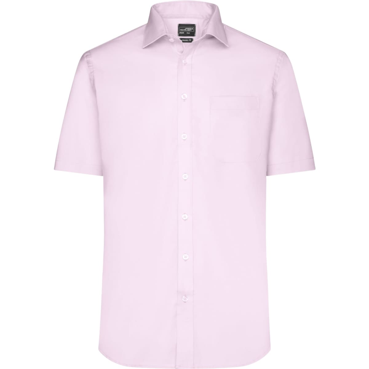 A light pink short-sleeved button-up shirt with a pocket and a logo on the collar.