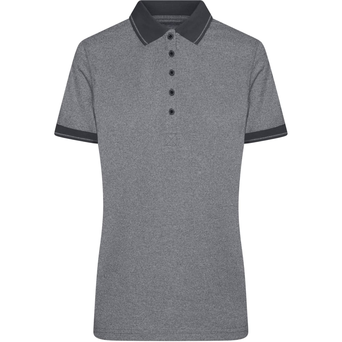 A grey ladies polo shirt with a contrasting dark collar and sleeve cuffs, featuring a logo.