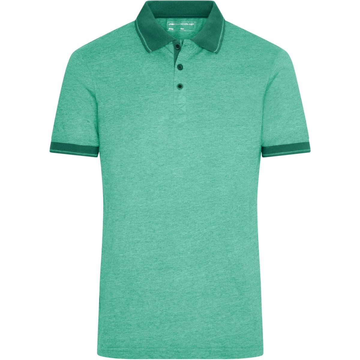 A green heather polo shirt featuring a collar and a logo. It has short sleeves and a classic fit.