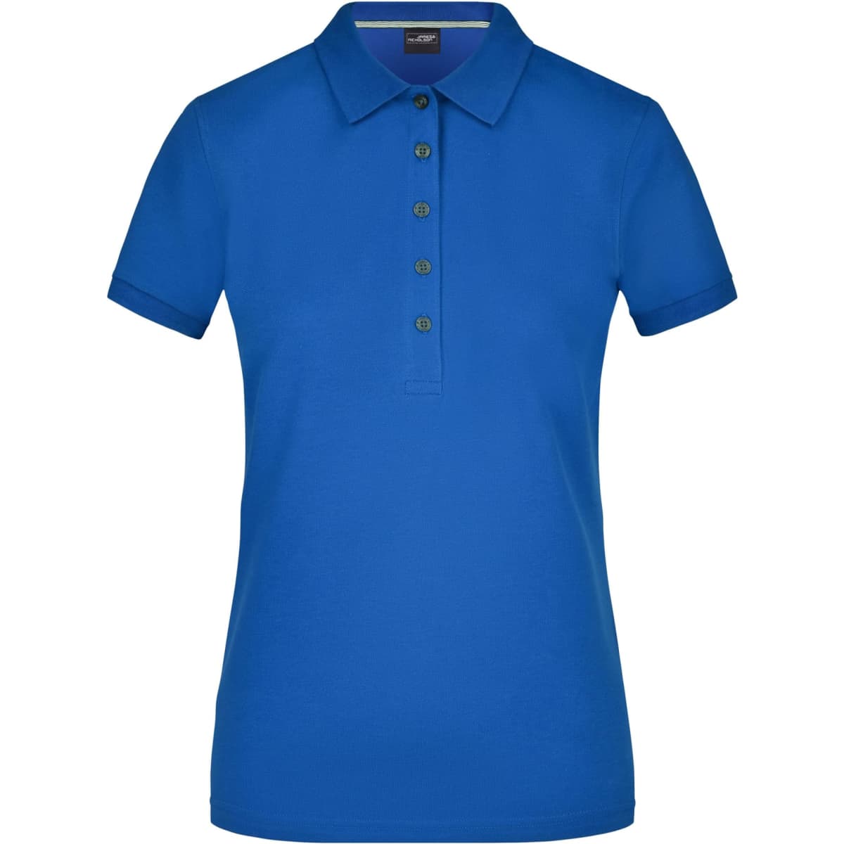 A blue ladies polo shirt featuring a classic collar and button placket, with branding on the chest.
