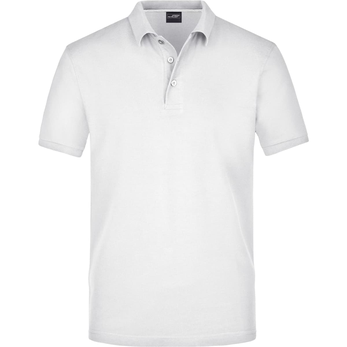 A white men's polo shirt with a soft fabric, featuring a collar and three-button placket, includes a logo.