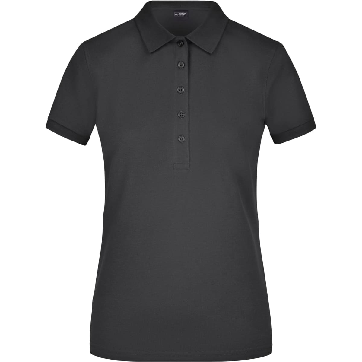 A ladies' elastic polo pique shirt in black with a classic collar and buttons, featuring a logo.