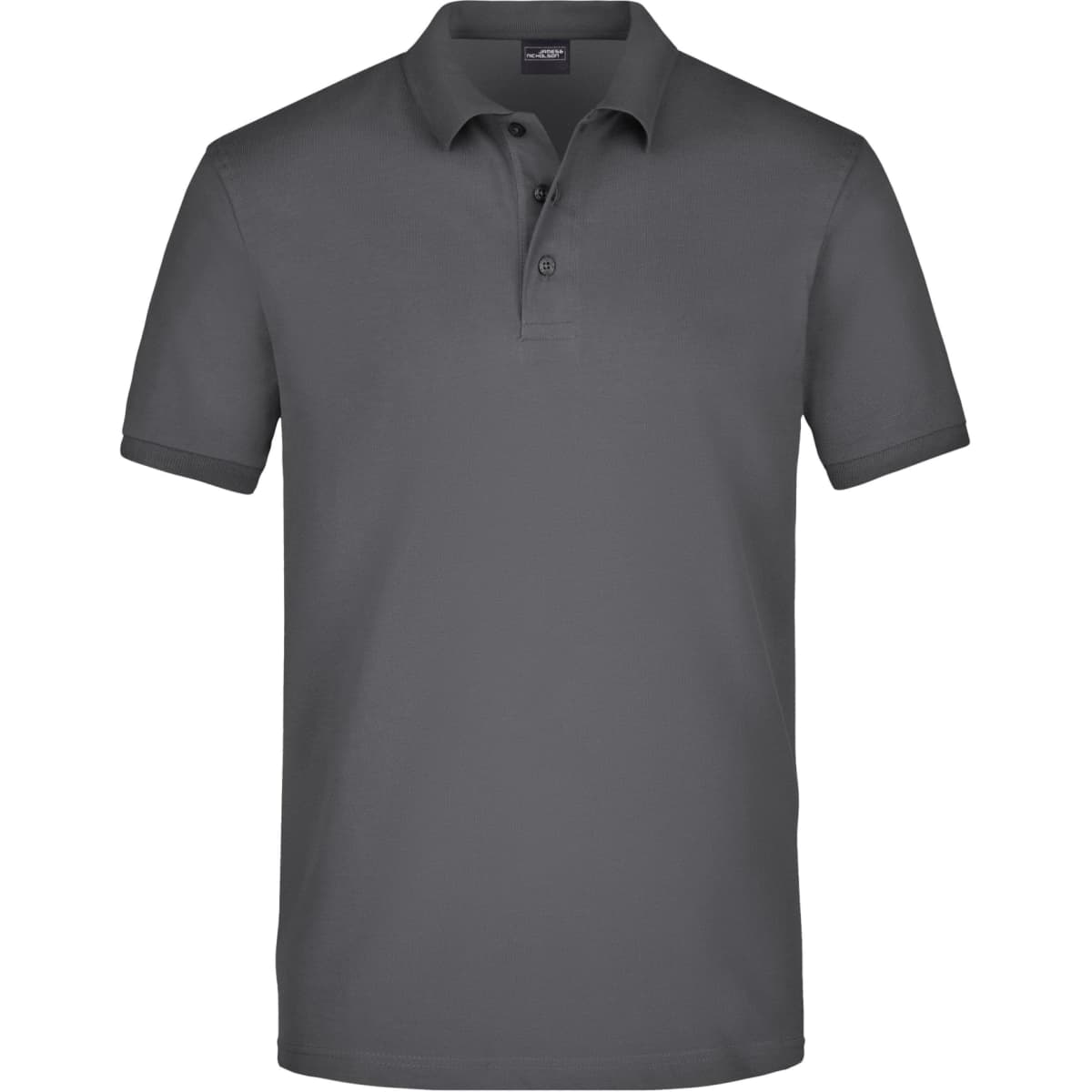 A grey men's elastic polo shirt with a collared neck and short sleeves. Features a logo on the chest.