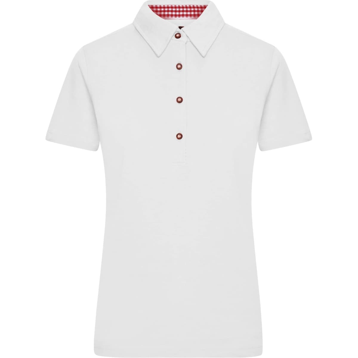 A white ladies' polo shirt with a check pattern inside the collar and a branded logo.