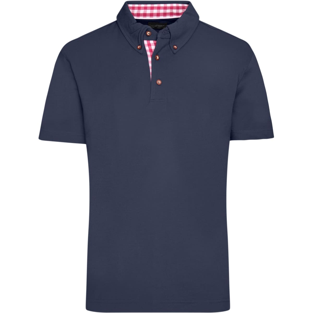 A navy blue men's polo shirt featuring a red and white gingham pattern under the collar and a logo.