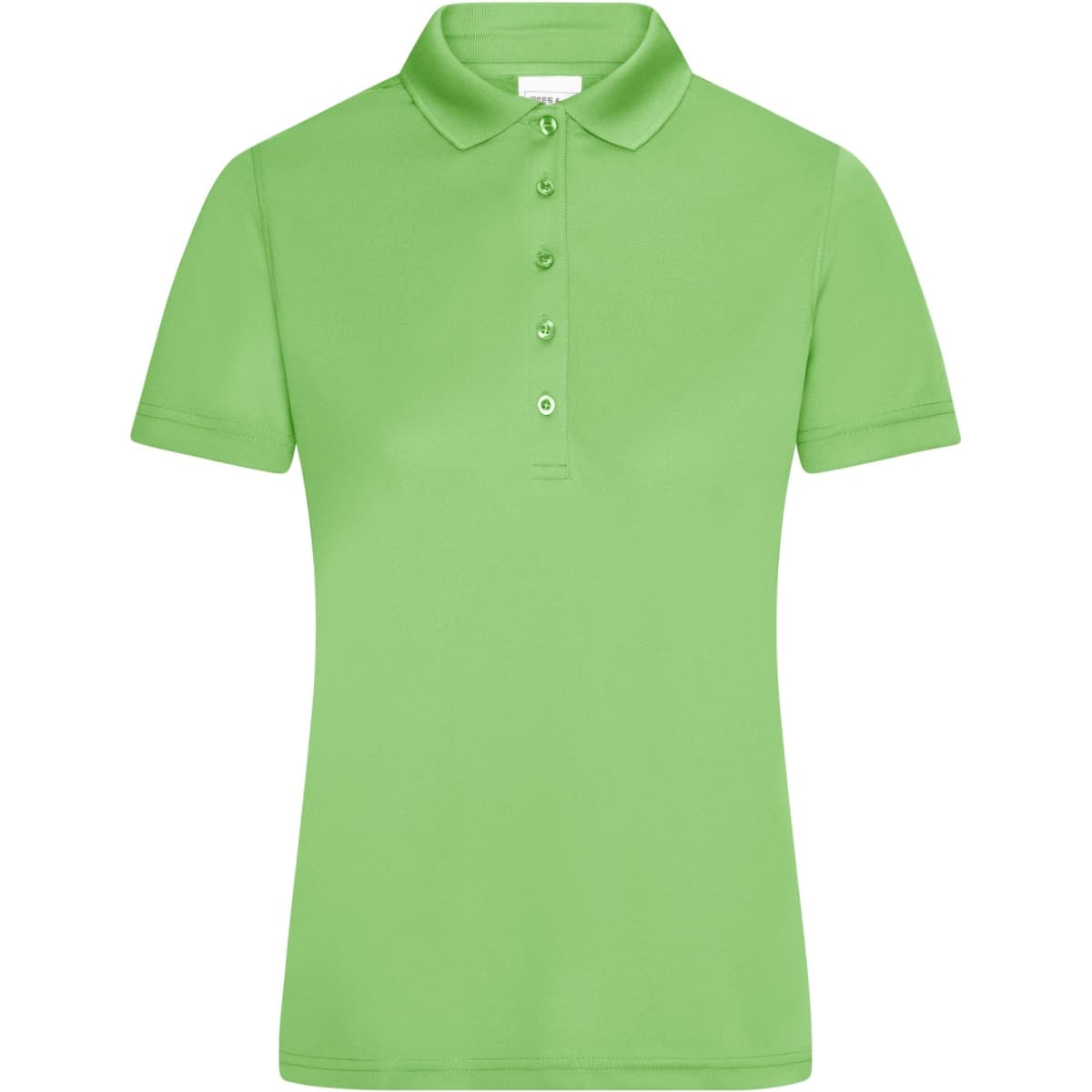 A green ladies active polo shirt with a collar and button placket. It features a logo on the chest area.