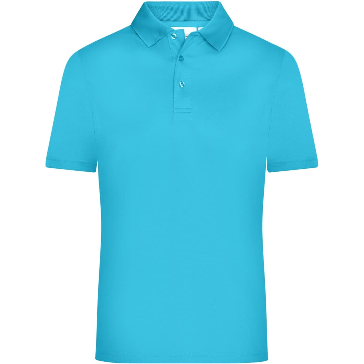 A turquoise men's active polo shirt featuring a classic collar and a single button placket. It has a logo on the chest.