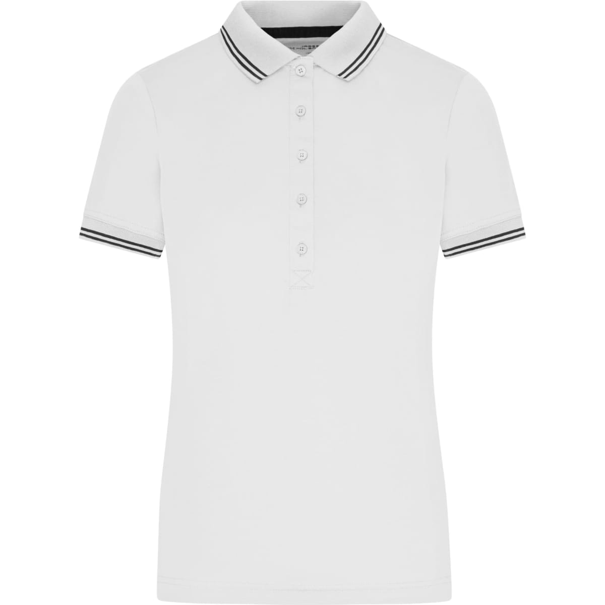 A white ladies' polo shirt with short sleeves and black-striped detailing on the collar. Features a logo.