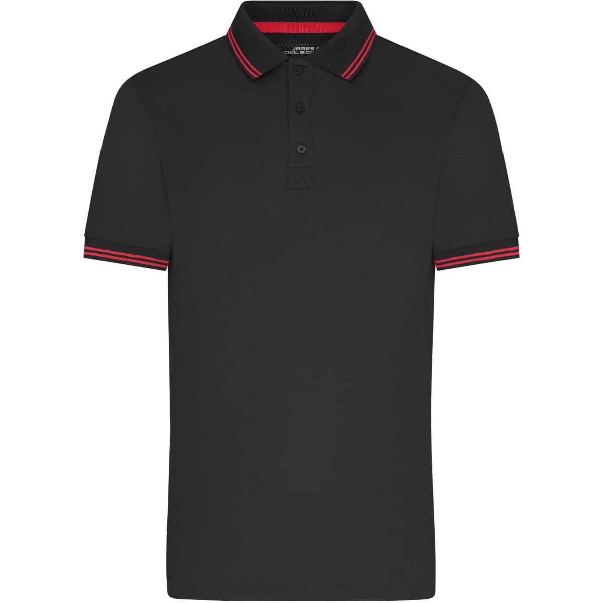 A black polo shirt featuring red striped detailing on the collar and sleeves, with a logo present.