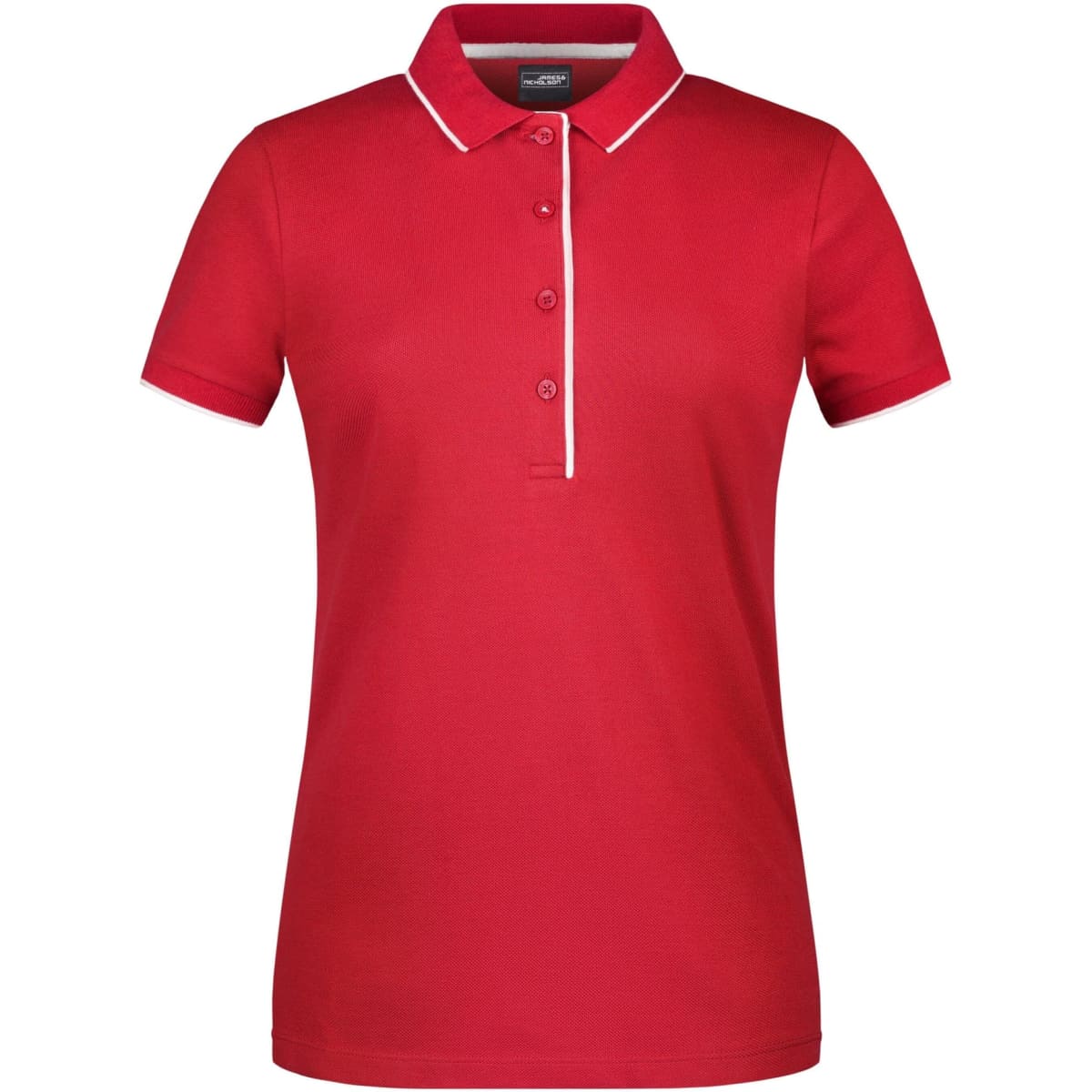 A red polo shirt with a collar and three buttons, featuring white piping along the collar. It has a logo on the collar.