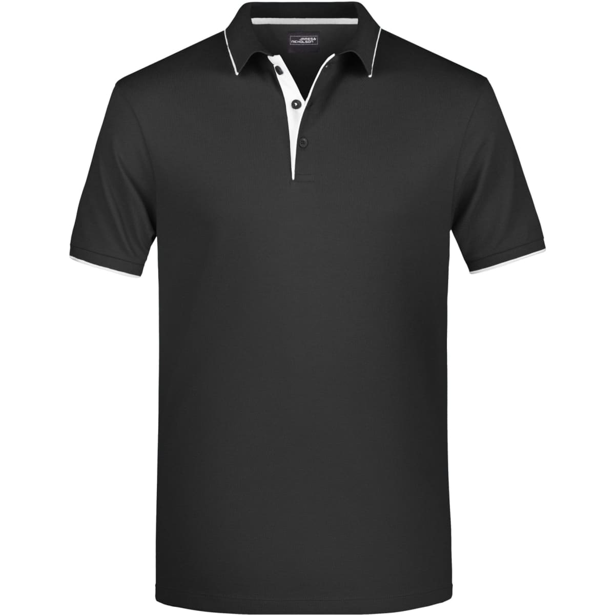 A black polo shirt featuring a white collar and buttons, with a logo on the chest area.