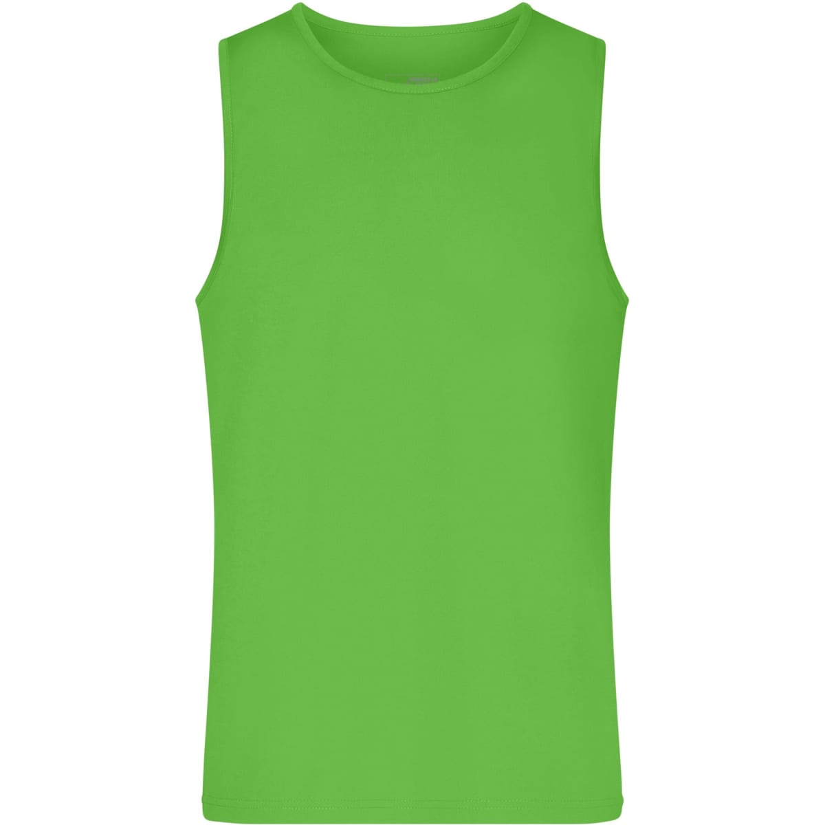 A bright green men's active tank top with a round neck and sleeveless design. It features a logo on the front.