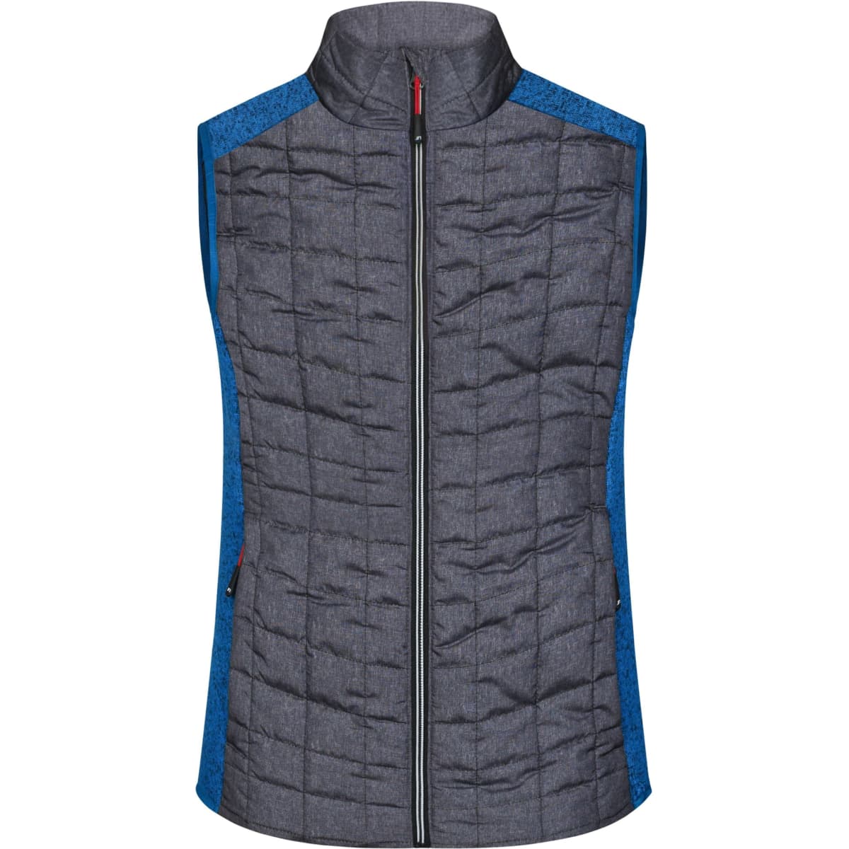 A ladies knitted hybrid vest featuring a grey body with blue accent panels and a front zip. It has a logo on it.