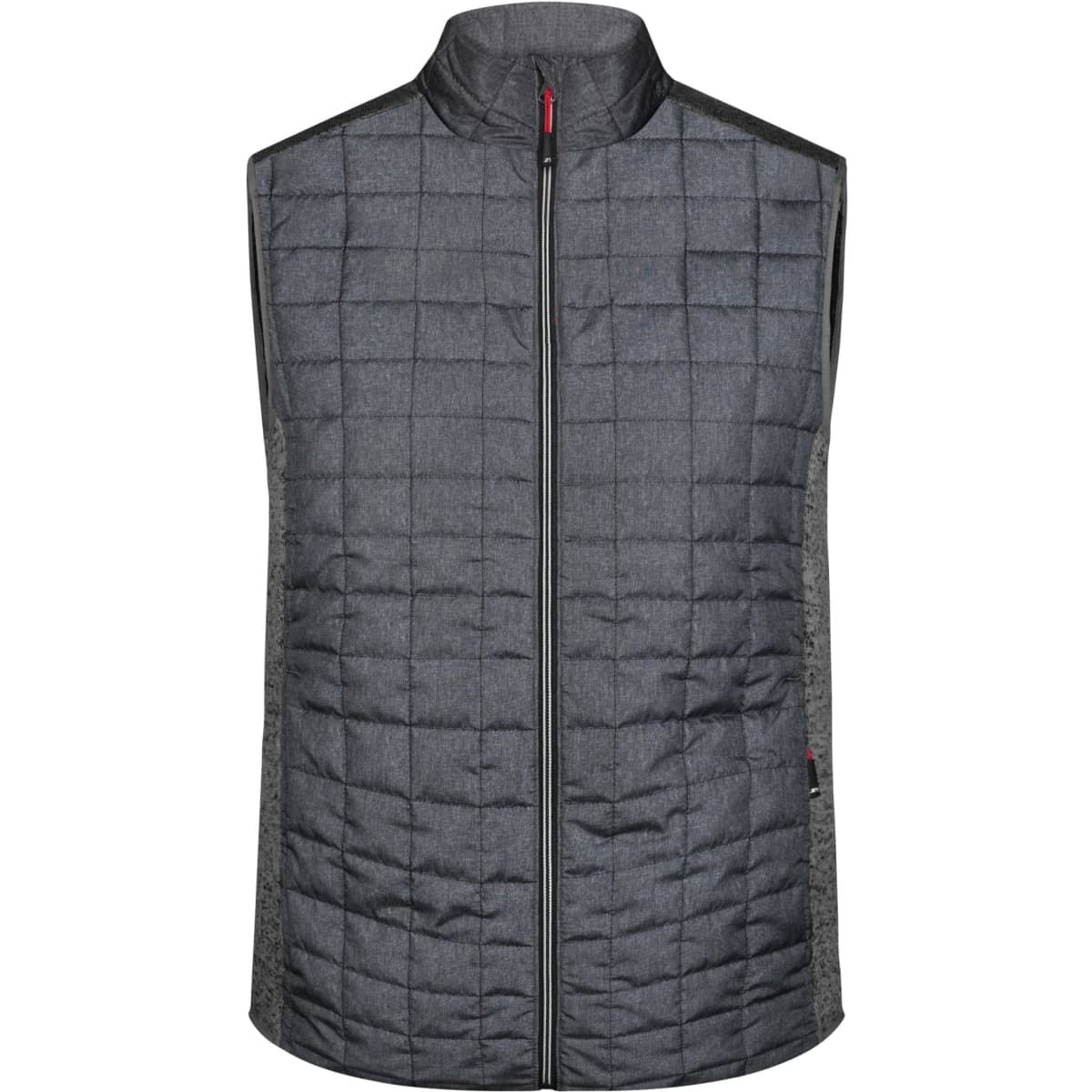 A grey knitted hybrid vest with a quilted front and a zip closure. Features a logo on the design.