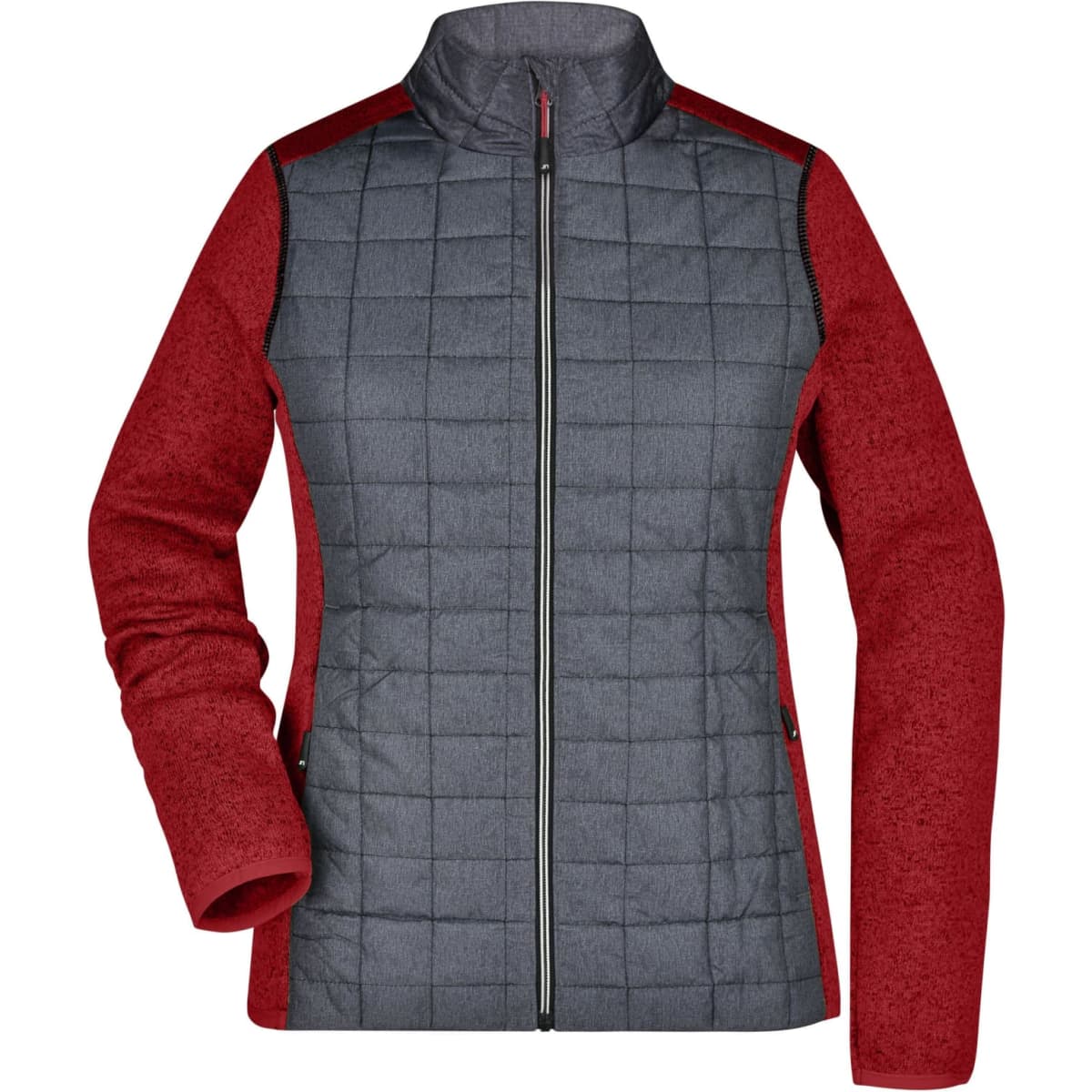 A ladies hybrid jacket featuring a red and grey design, with a quilted body and long sleeves, and a logo.