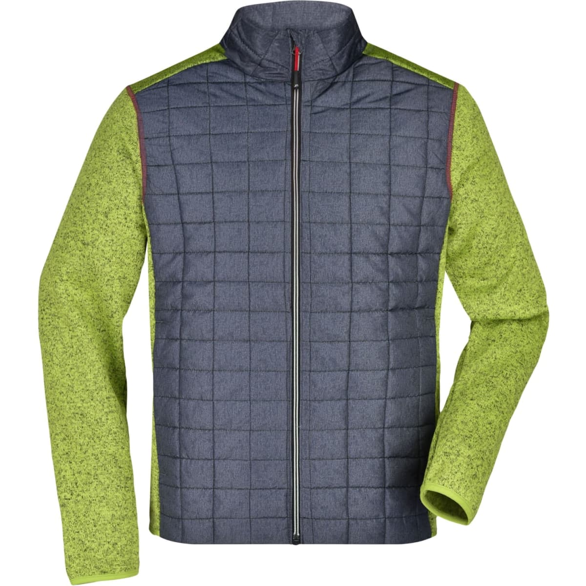A knitted hybrid jacket featuring a grey quilted front and vibrant green sleeves. It has a high collar and a zip closure.