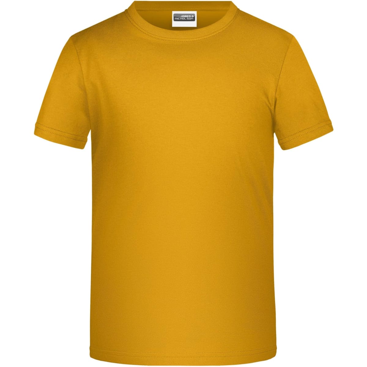 A yellow t-shirt with short sleeves and a plain design, featuring a logo on the label.