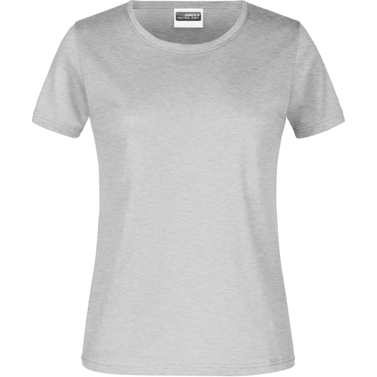 A women's short-sleeve t-shirt in light grey, featuring a round neckline and a logo tag on the collar.
