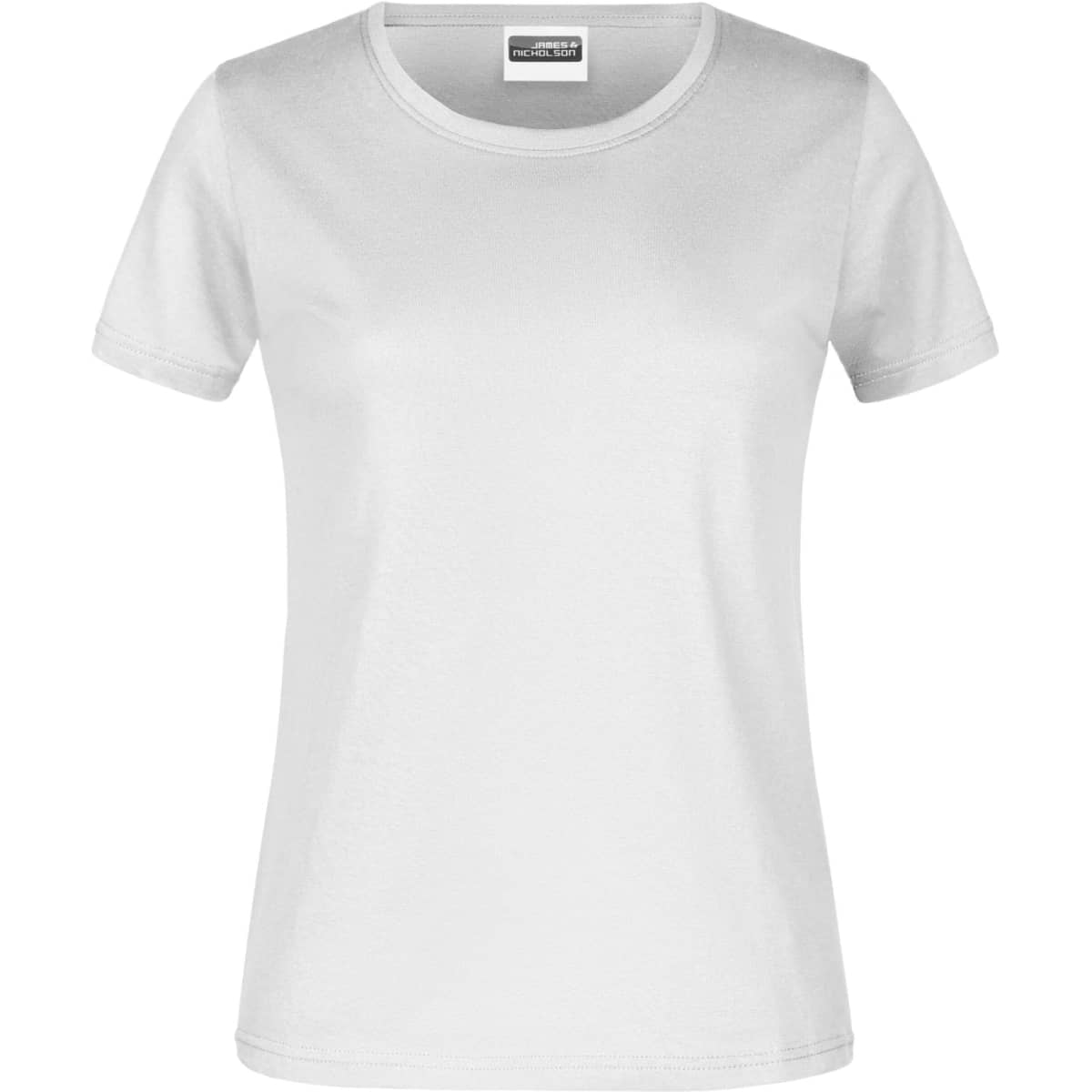 A white women's T-shirt with a round neckline and short sleeves, featuring a branding logo.