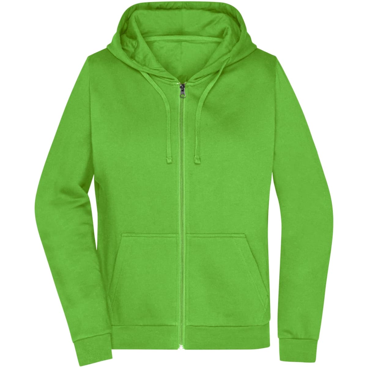 A green ladies zip hoodie featuring a front pocket and a hood, with a logo on it.