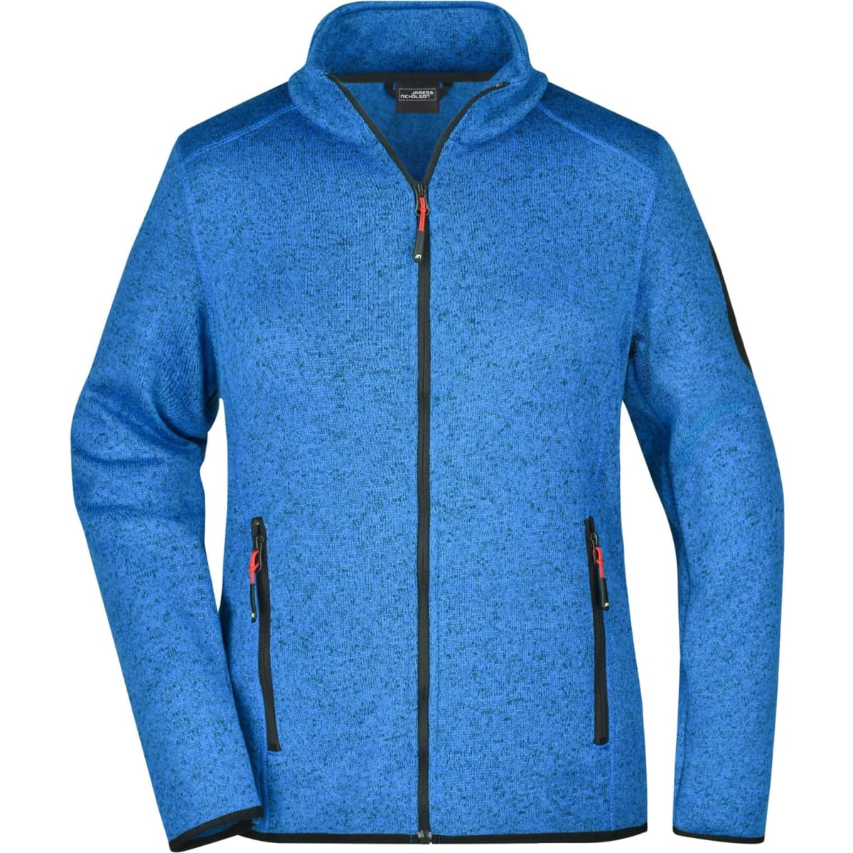 A blue knitted fleece jacket with a zip front, side pockets, and a collar. It features a logo on the sleeve.