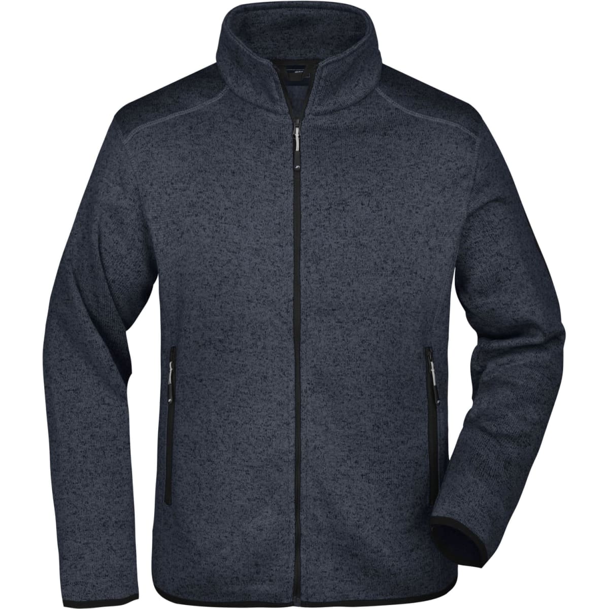 A men's knitted fleece jacket in dark navy with a zip-up front and side pockets. It features a logo on the chest.